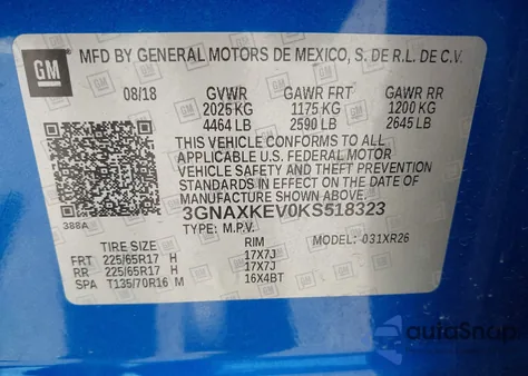 2019 Chevrolet Equinox Lt из США, поврежденный, VIN 3GNAXKEV0KS518323